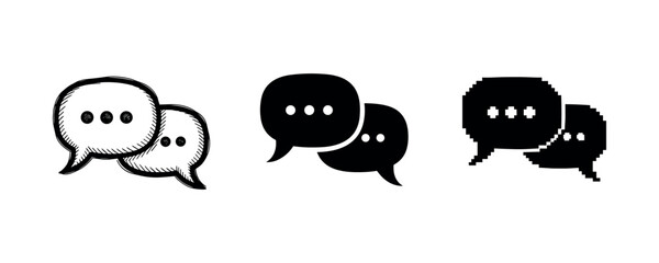 Evolution of speech bubbles: hand-drawn, solid, pixel art designs in black and white