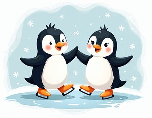 Fototapeta premium Two cute cartoon penguins ice skating together on frozen rink surrounded by snowflakes. Appear to happy friends enjoying winter day activity. Cheerful illustration evokes sense of fun, friendship.