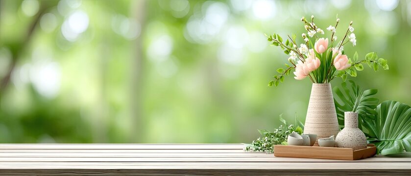 Wooden table top shows a spring kitchen with blurred background and flowers on the window sill for display ideas