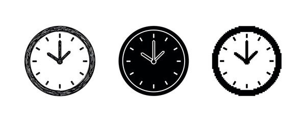 Minimalist black and white clocks in sketch, solid, and pixel art styles