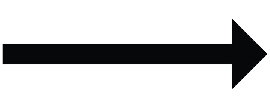 Black long arrow pointing to the right side . Straight long arrow icon, right thin line, black cursor, horizontal element icon for graphic design . Isolated on white background. 
