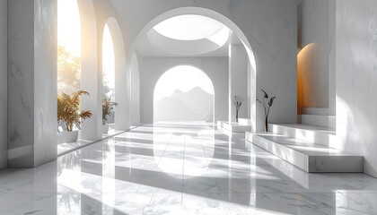 Minimalist Architecture - Serene White Hallway with Arches and Natural Light.