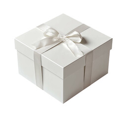 White square gift box with white satin ribbon bow on black background