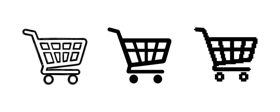 Three shopping cart icons: outline, solid, and pixelated designs
