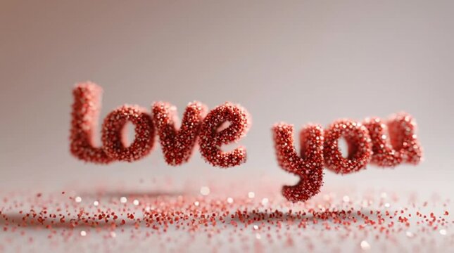 Close-up of red glittery text 'Love you' on a white surface with scattered pink and white glitter, conveying a romantic mood for Valentine's Day.