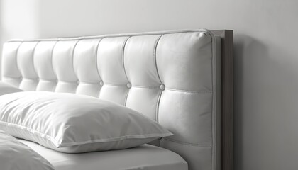 Fototapeta premium White tufted headboard with leather upholstery sits beside a plush pillow on a bed. This close-up shot captures soft texture and subtle stitching details for a cozy bedroom feel.