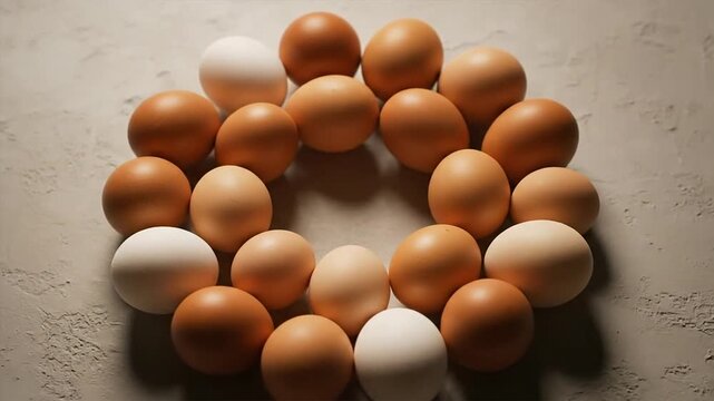 Fresh eggs arranged in circular pattern against a textured surface