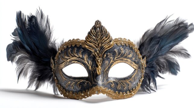 An elegant Venetian-style masquerade mask, dark gray and gold, adorned with dark gray feathers on either side