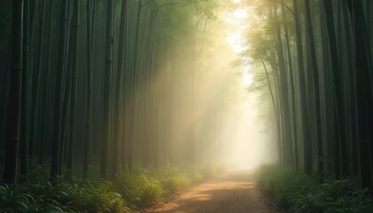 Obraz premium Sunlight streams through a misty bamboo forest path. Tall green bamboo stalks line a dirt trail leading into soft haze. Lush green plants grow at the forest floor.