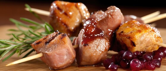 Grilled meat sits beside vegetables and a sauce on a wooden board against a black background, showcasing rich colors and textures