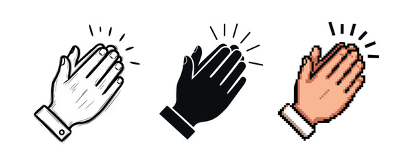 Obraz premium Set of three clapping hands illustrations in sketch, solid, and pixel art styles