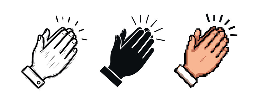 Set of three clapping hands illustrations in sketch, solid, and pixel art styles