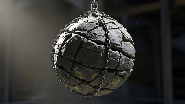Metal wrecking ball hanging in darkness.