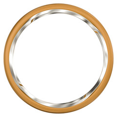 Obraz premium 3D rendering of a double circular glossy amber and chrome frame surrounding a white square background for design purposes.