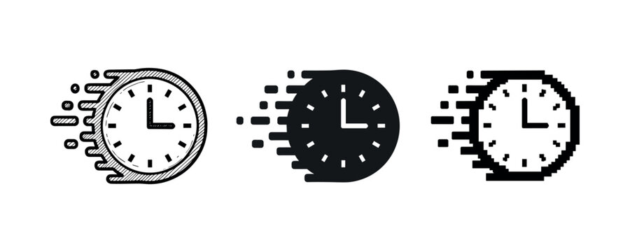 Abstract time concepts: pixelated, sketched, and solid clocks in motion