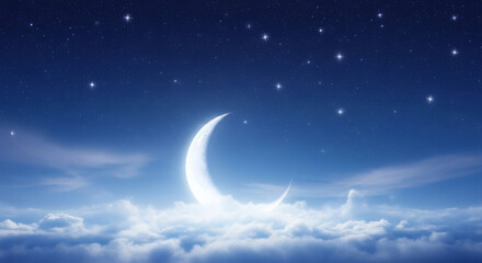 Fototapeta premium Serene Crescent Moon and Starry Sky Over Soft Clouds at Night