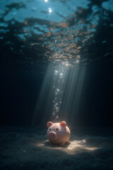 Obraz premium ceramic piggy bank resting on the floor of a dark body of water with bubbles escaping the coin slot, dim overhead lighting, underwater financial crisis concept
