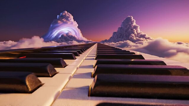 Piano keyboard pathway leading into clouds under dramatic sky. Music concept