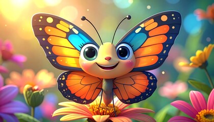 Charming Butterfly Character in a Vibrant Floral Meadow.