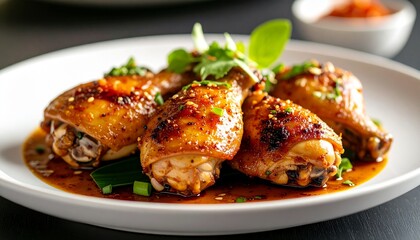 Modern gourmet plating of Ayam Betutu presented with refined composition, rich Balinese spices, and elegant styling, creating a clean contemporary food scene with cultural depth.