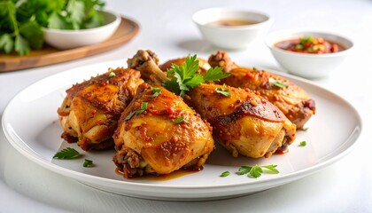 Modern gourmet plating of Ayam Betutu presented with refined composition, rich Balinese spices, and elegant styling, creating a clean contemporary food scene with cultural depth.