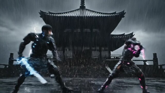 Warriors in armor battling with energized swords in a rain storm