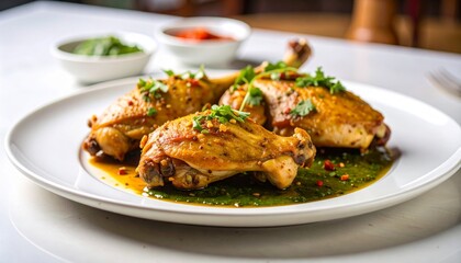 Modern gourmet plating of Ayam Betutu presented with refined composition, rich Balinese spices, and elegant styling, creating a clean contemporary food scene with cultural depth.