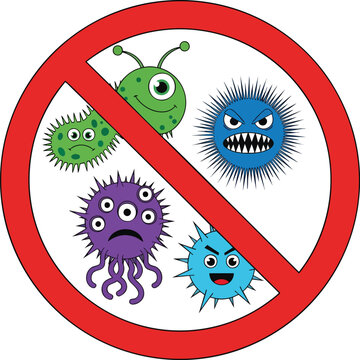 Cute Germ Characters in Red Warning Circle, Infection Prevention