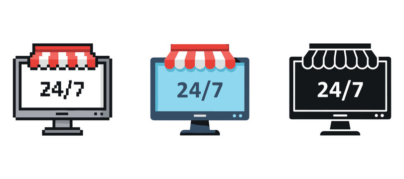 Digital marketplace icons: 24/7 online shopping concepts in flat design