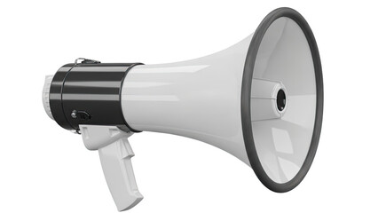 Modern white megaphone with black accents for public speaking and announcements