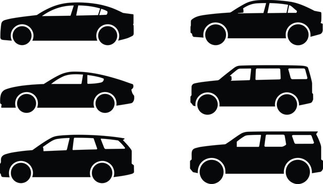 Cartoon silhouette icon set of sedan and SUV car models in vertical grid layout for vehicle comparison and design.