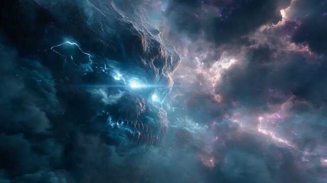 enormous alien beast breaking through dimensional rift, its body shimmering with nebula textures and plasma streams, hyper-realistic fine art, cinematic depth, 32K resolution, 