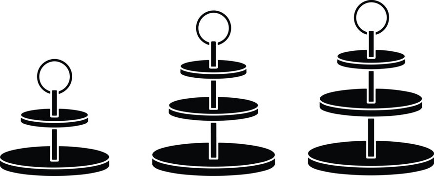 Cartoon silhouette icon set of tiered serving stands with two, three, and four levels for dessert or appetizer display.