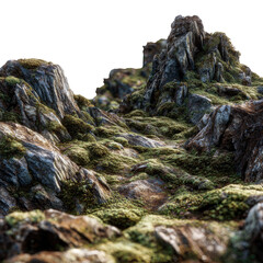 Rocky landscape; mossy rocks, craggy terrain, sharp peaks against black sky