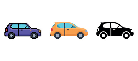 Fototapeta premium Pixel art, flat design, and silhouette of compact car styles