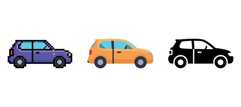 Pixel art, flat design, and silhouette of compact car styles
