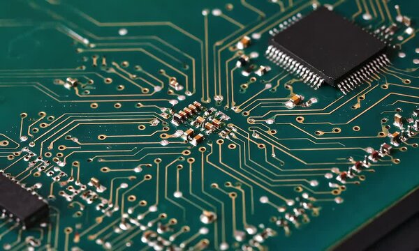 Detailed view of a complex circuit board with microchips and connecting traces