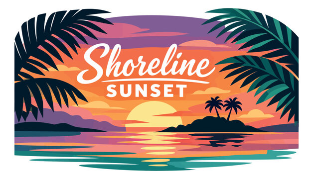 Flat design illustration of a tropical shoreline sunset depicting a vibrant evening landscape for summer holiday and travel marketing