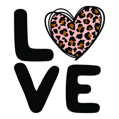 Love text with Leopard textured Heart. Vector design element with wild animal cheetah skin pattern for Happy Valentines day card, scrapbooking, posters, textiles, gifts, t shirts