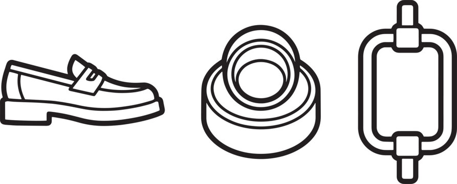 Minimalist black outline vector icons representing leather loafer shoe and industrial parts