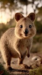 Obraz premium A small animated squirrel with big eyes stands with arms crossed in a forest filled with autumn colors and leaves