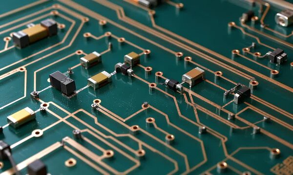 Detailed view of a green circuit board with integrated electronic components