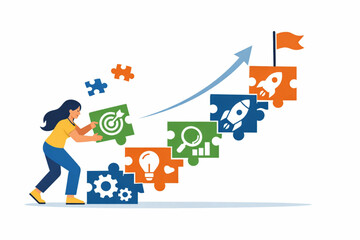 Woman assembling fragmented icons into an ascending staircase