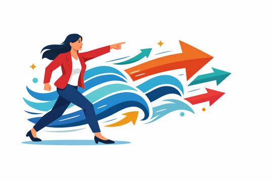 Woman leading forward moving arrows and wave symbols