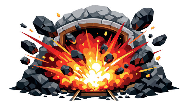 Cartoon illustration of a mine entrance depicting a powerful explosion and falling rocks for danger concepts