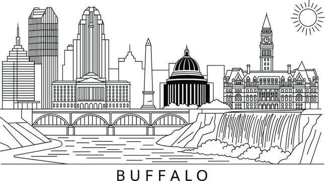 Buffalo New York skyline vector line art featuring city architecture landmarks a scenic bridge and waterfall.
