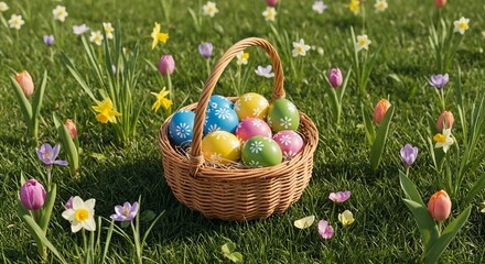 Fototapeta premium Easter Basket with Painted Eggs and Spring Flowers - Festive Holiday Decoration