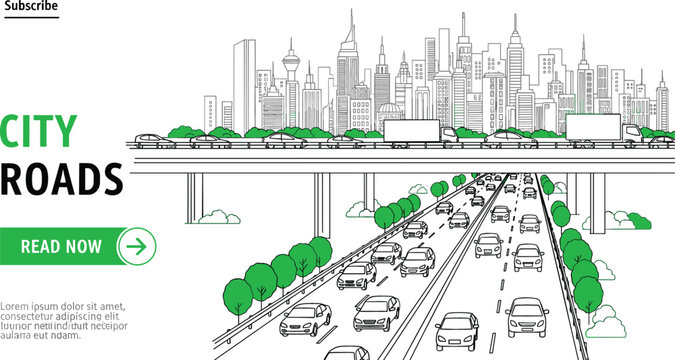 City roads highway vector illustration with heavy traffic on overpass and skyscrapers skyline for urban transport banner.