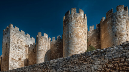 青空にそびえる古城の石壁 / Medieval Castle Wall Under Clear Blue Sky