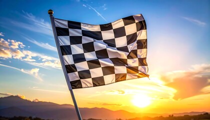 Checkered Flag Waving at Sunset - Victory and Achievement.